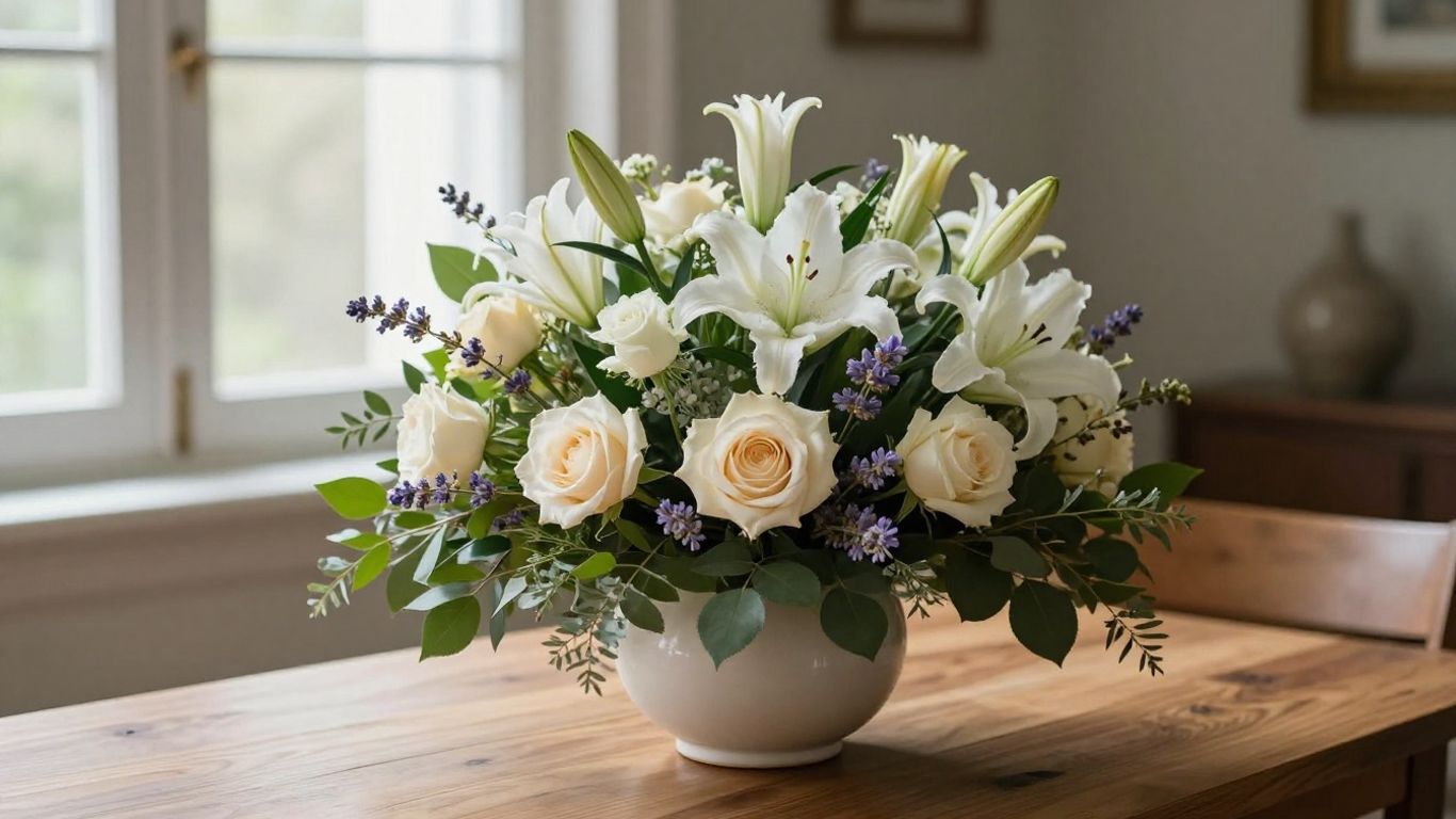 Soft white sympathy flowers in a quiet room