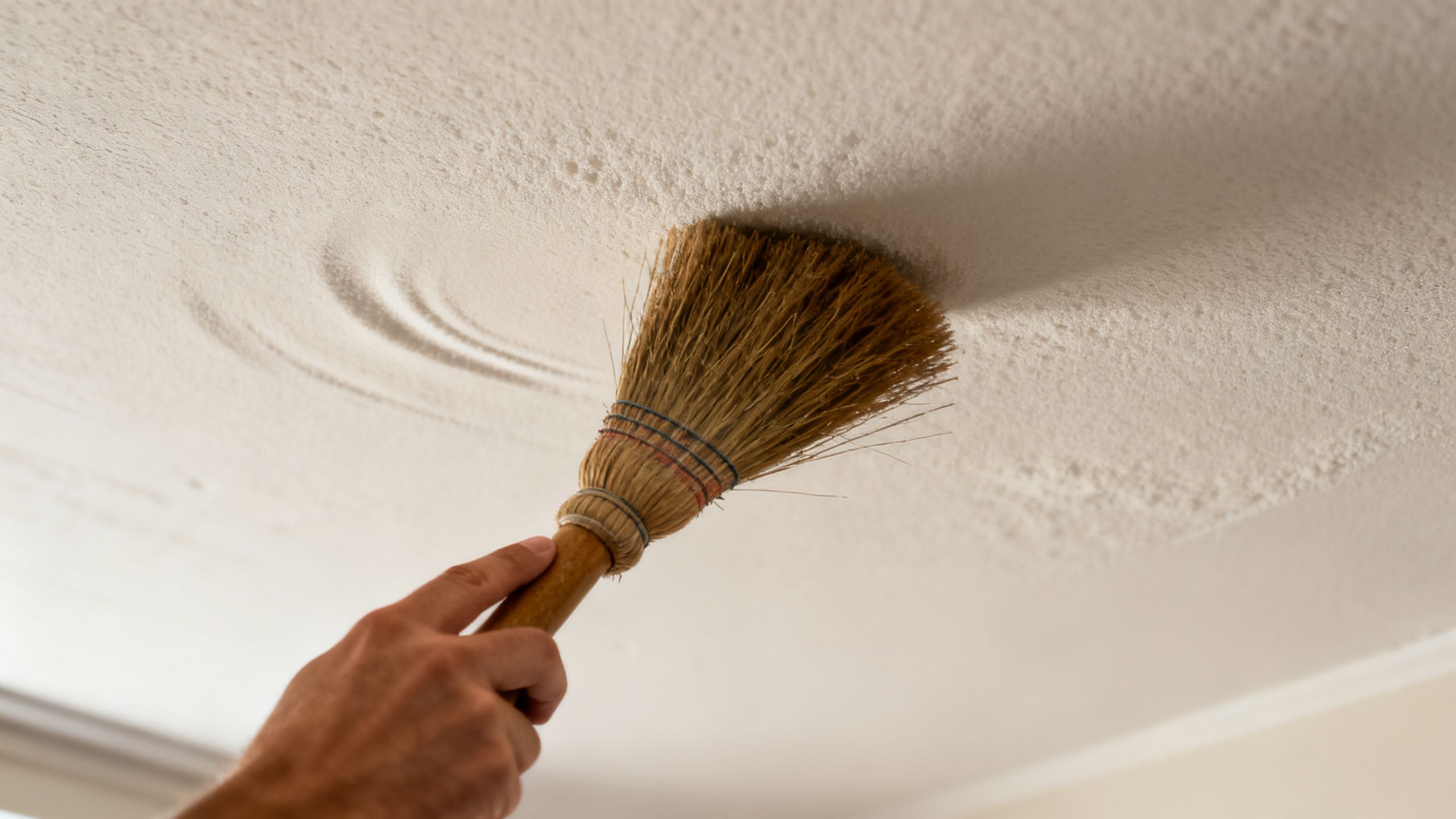 Using a broom handle to gently press test a ceiling for movement or sponginess