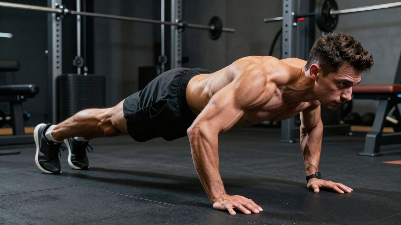 Advanced bodyweight exercise in a home gym.