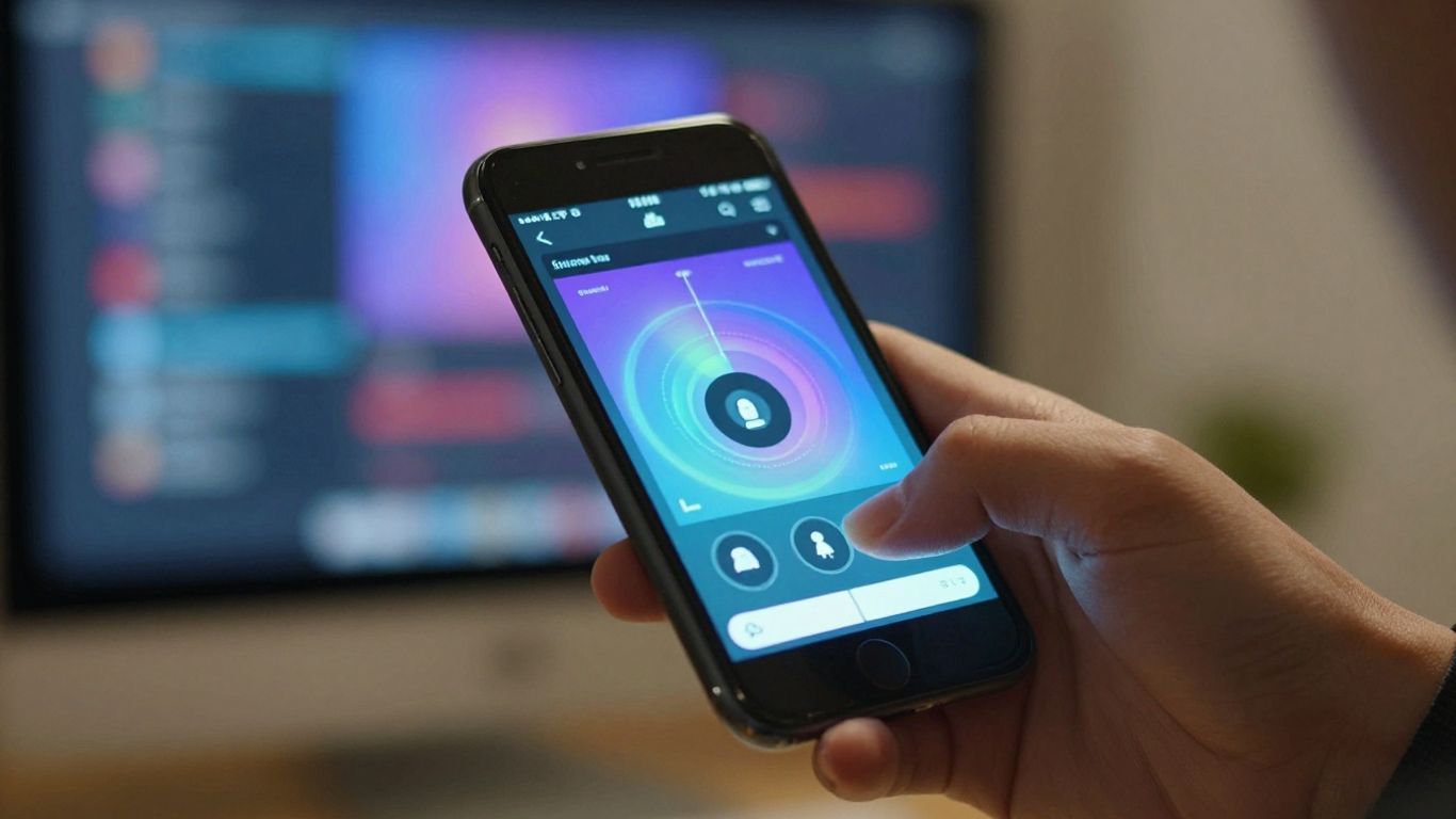 Hand holding smartphone with affiliate marketing interface.