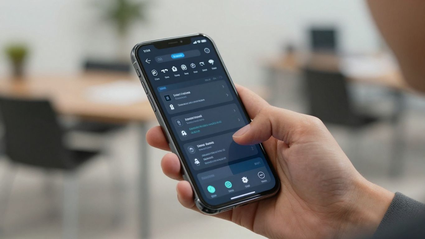 Hand holding smartphone with digital interface.