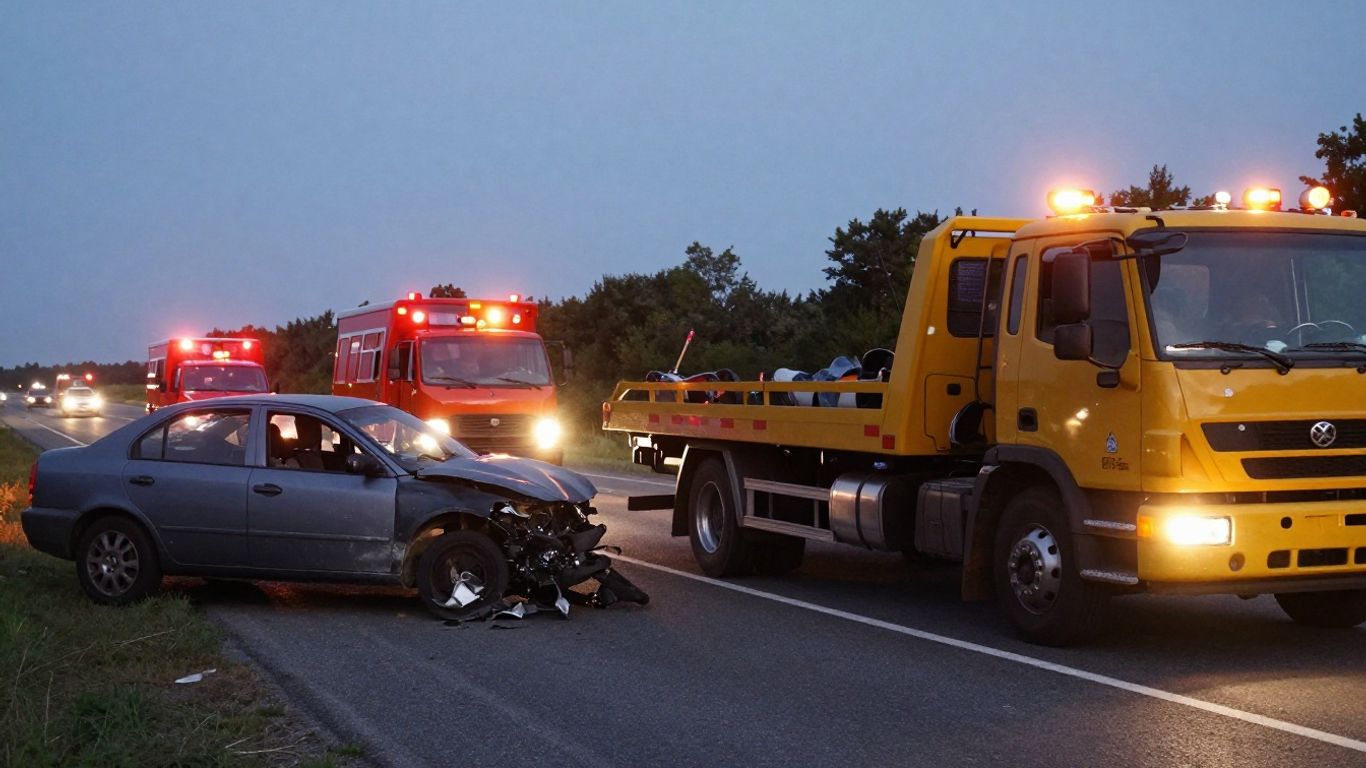Tow truck assisting a damaged car after an accident.