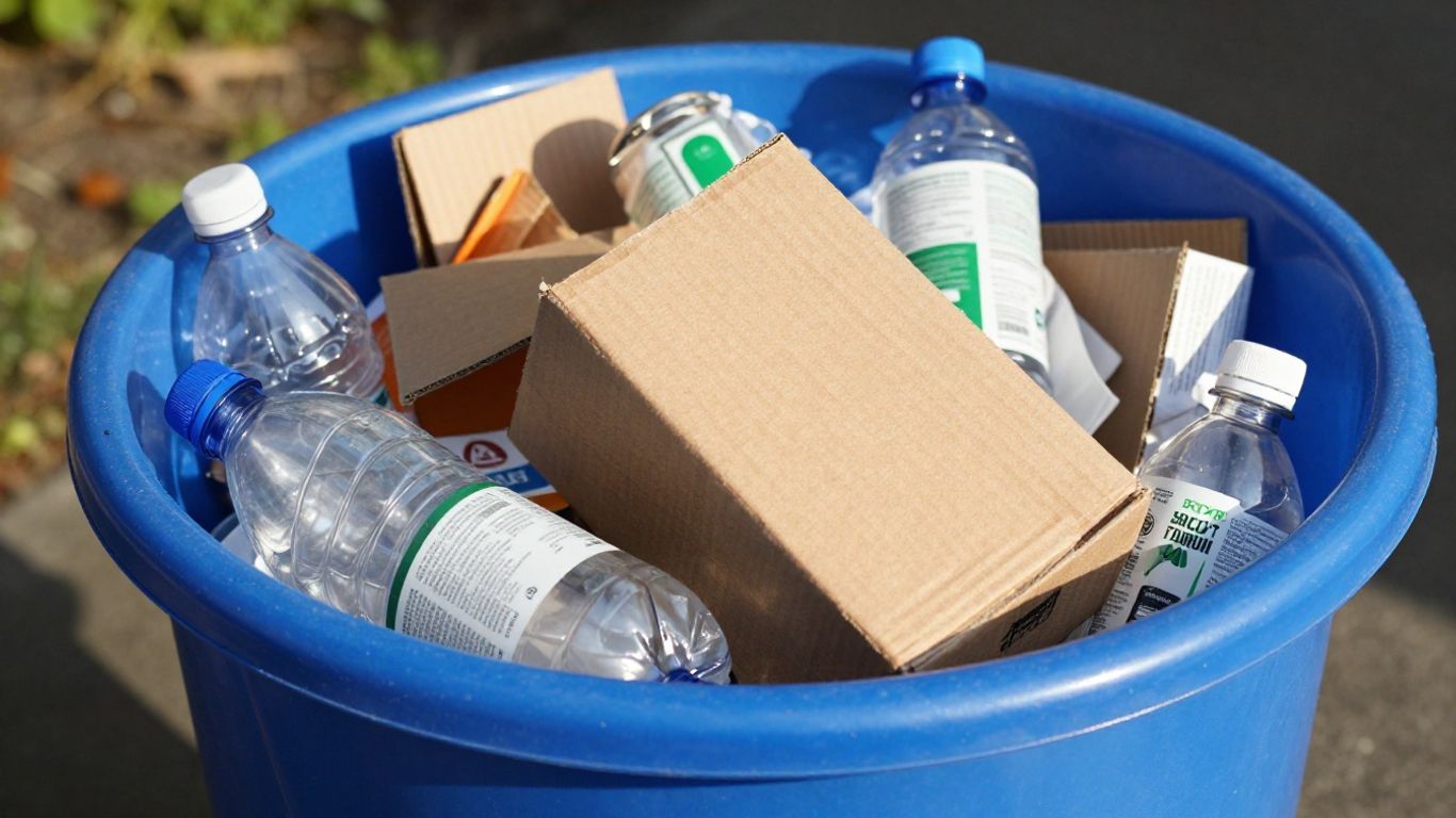 Une poubelle bleue remplie d'articles recyclables triés.