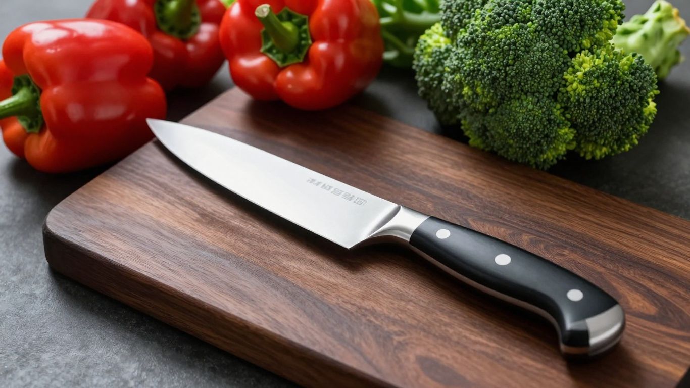 High-end chef's knife with fresh vegetables on cutting board.
