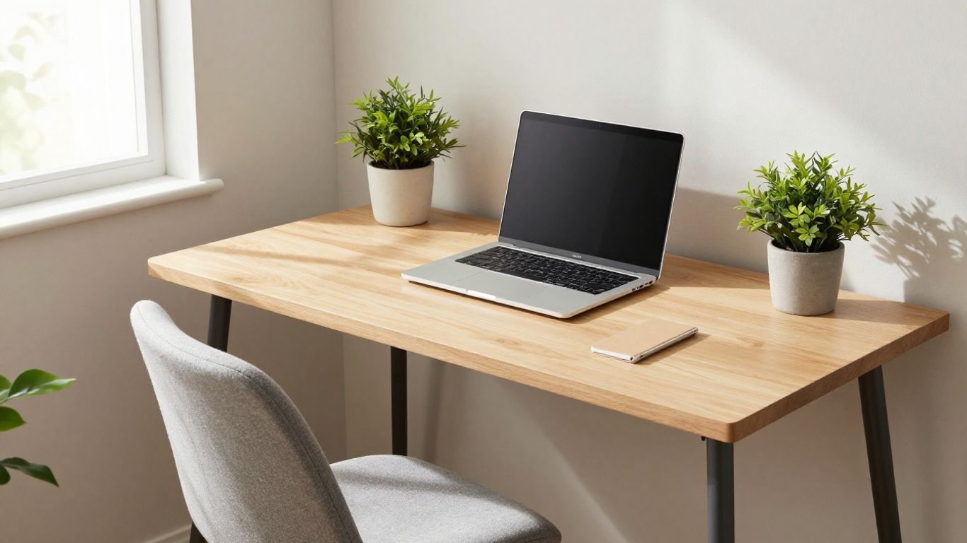 Desk in a small, well-lit room with a laptop.