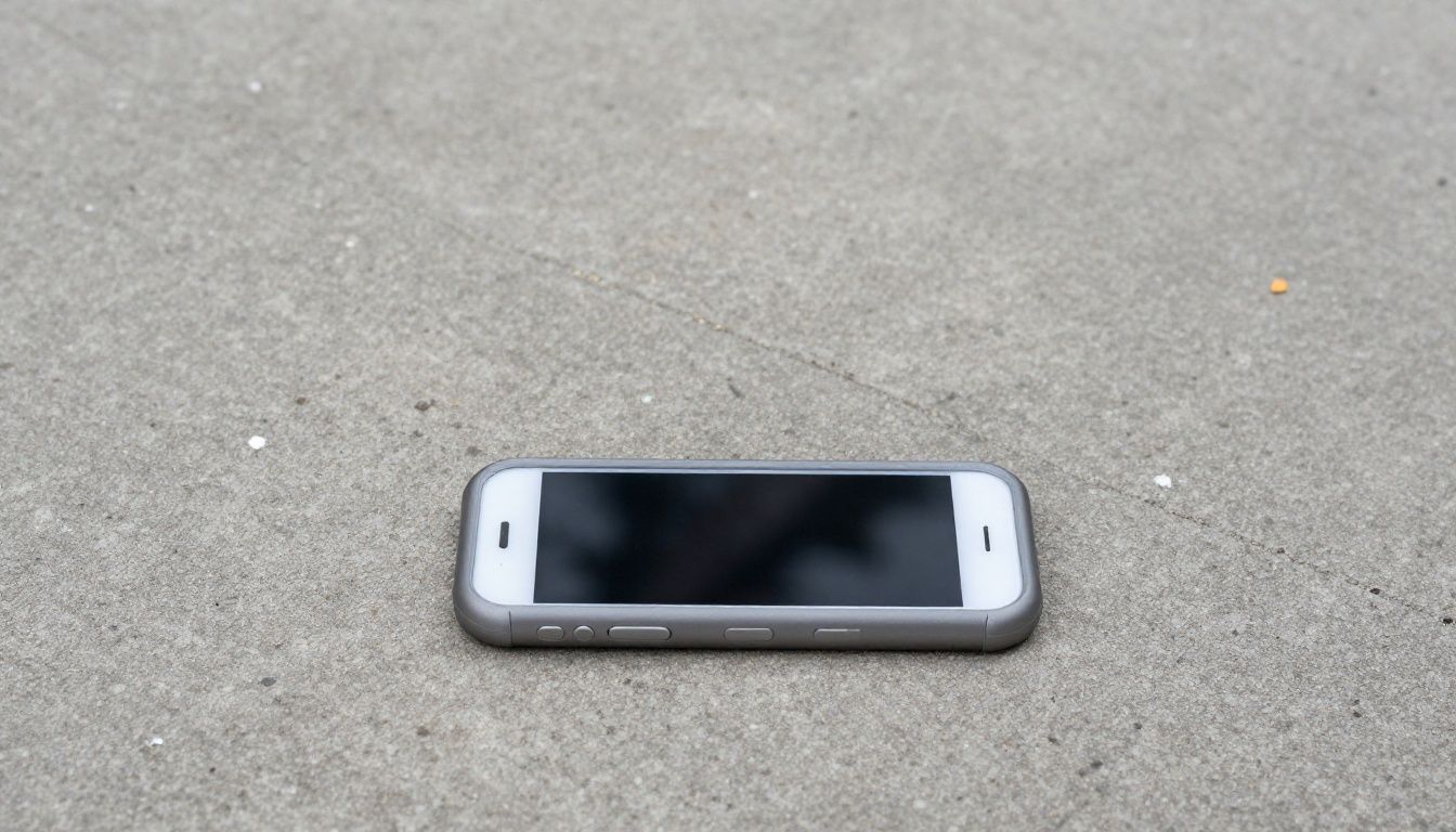 A person accidentally dropping their iPhone 16 in a heavy-duty case onto a concrete pavement, with the phone bouncing slightly and remaining undamaged.