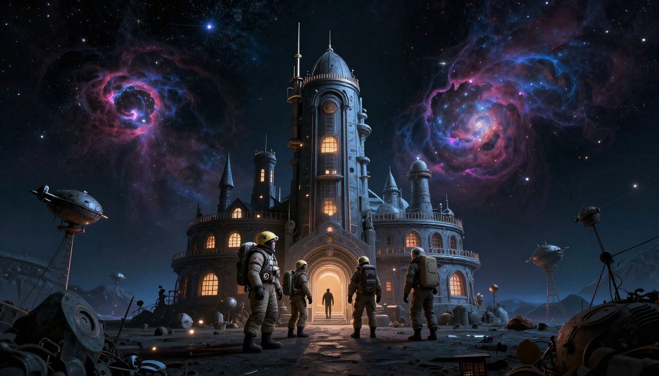 Arte conceitual de STARBITES mostrando uma equipe de exploradores diante de uma cidade espacial iluminada por nebulosas e destroços de naves