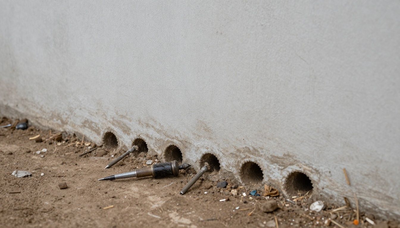 A wall showing the process of DPC injection holes being drilled at the base to treat rising damp