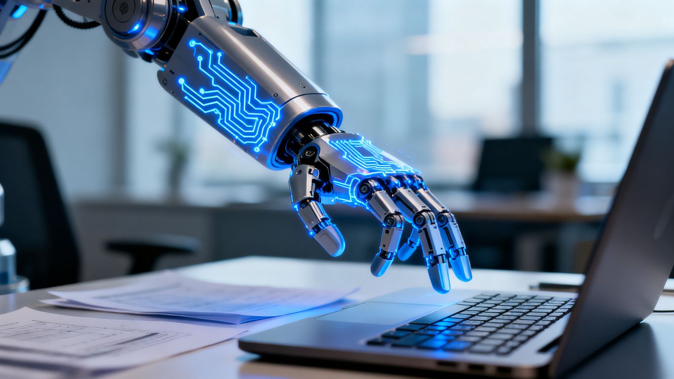 Robot arm interacting with a laptop in a newsroom.