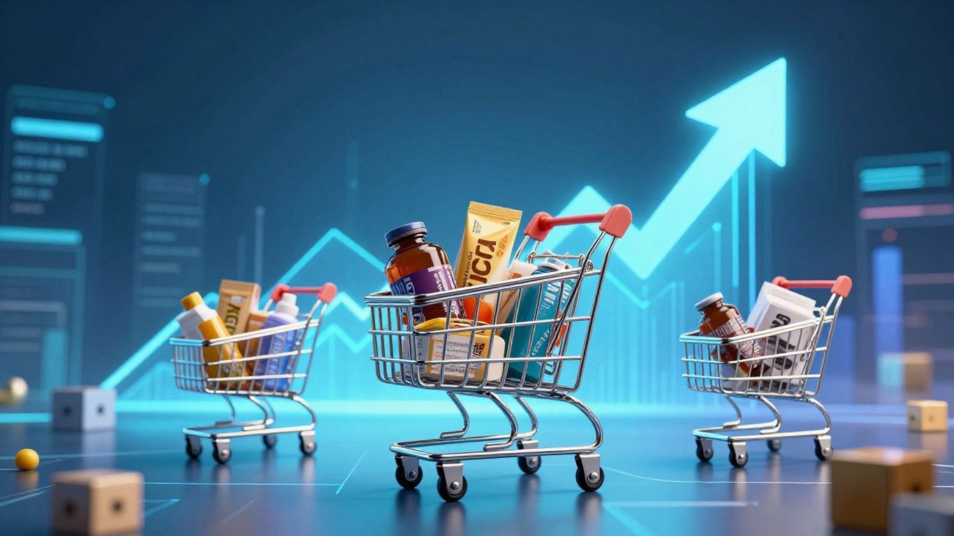 Carrinhos de compras digitais com produtos e setas de crescimento.