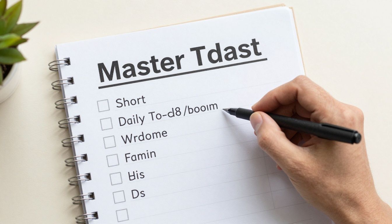 A diverse high-performing professional reviewing a clear master task board beside a short daily to-do list in a calm modern workspace, no readable text or letters