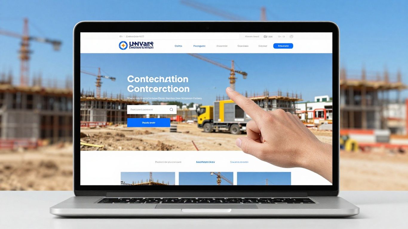 Contractor website on laptop, construction site background.