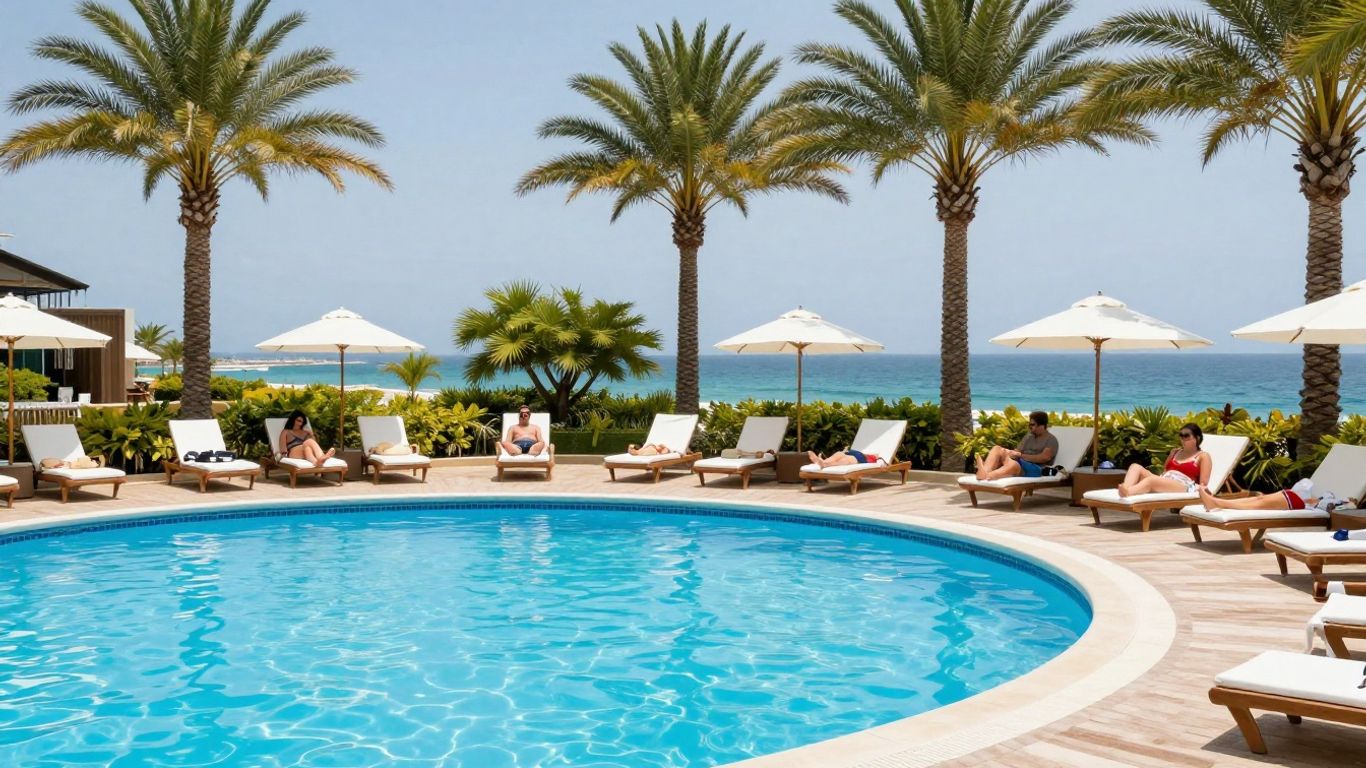 Travelers relaxing by a beachside resort swimming pool