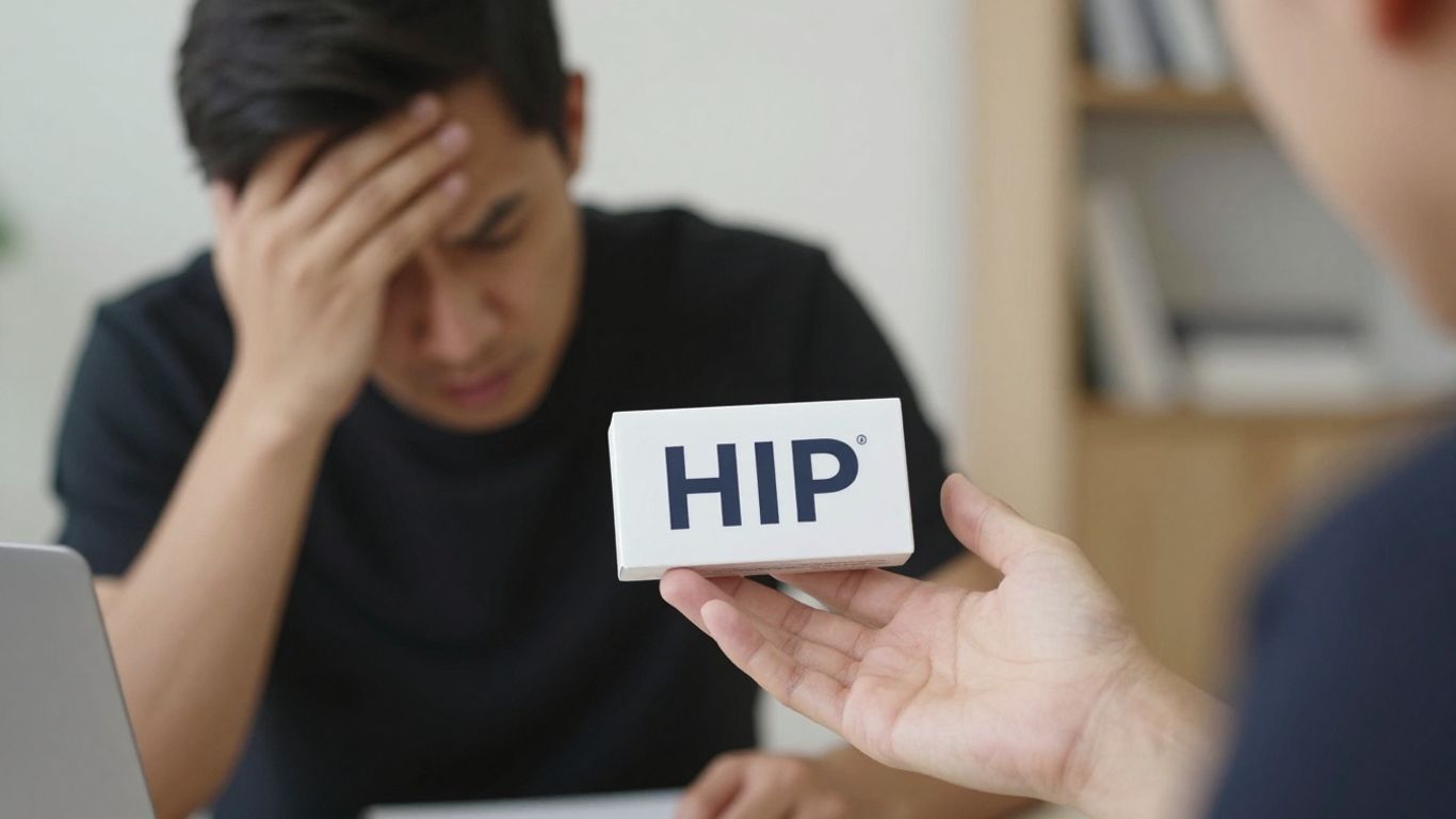 Persona preocupada con producto bHIP y mano devolviendo dinero.