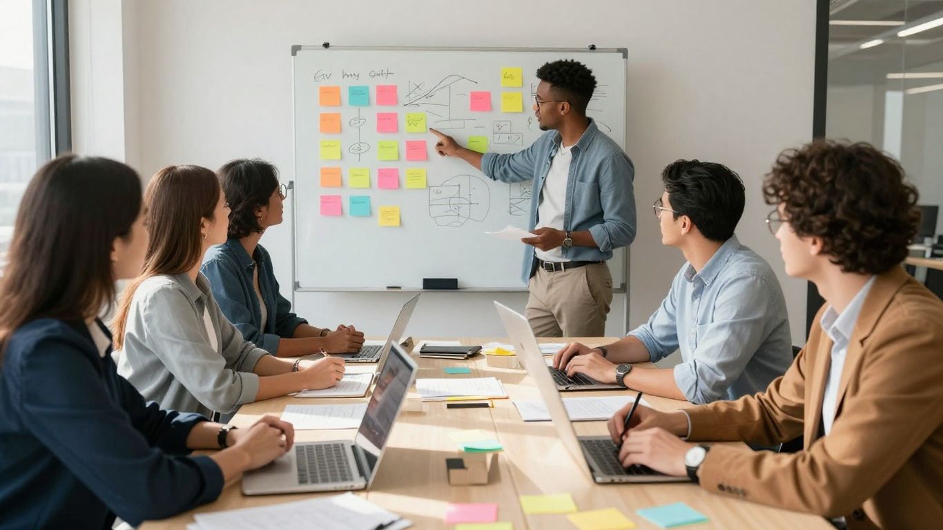 Team brainstorming marketing strategies in a bright office.