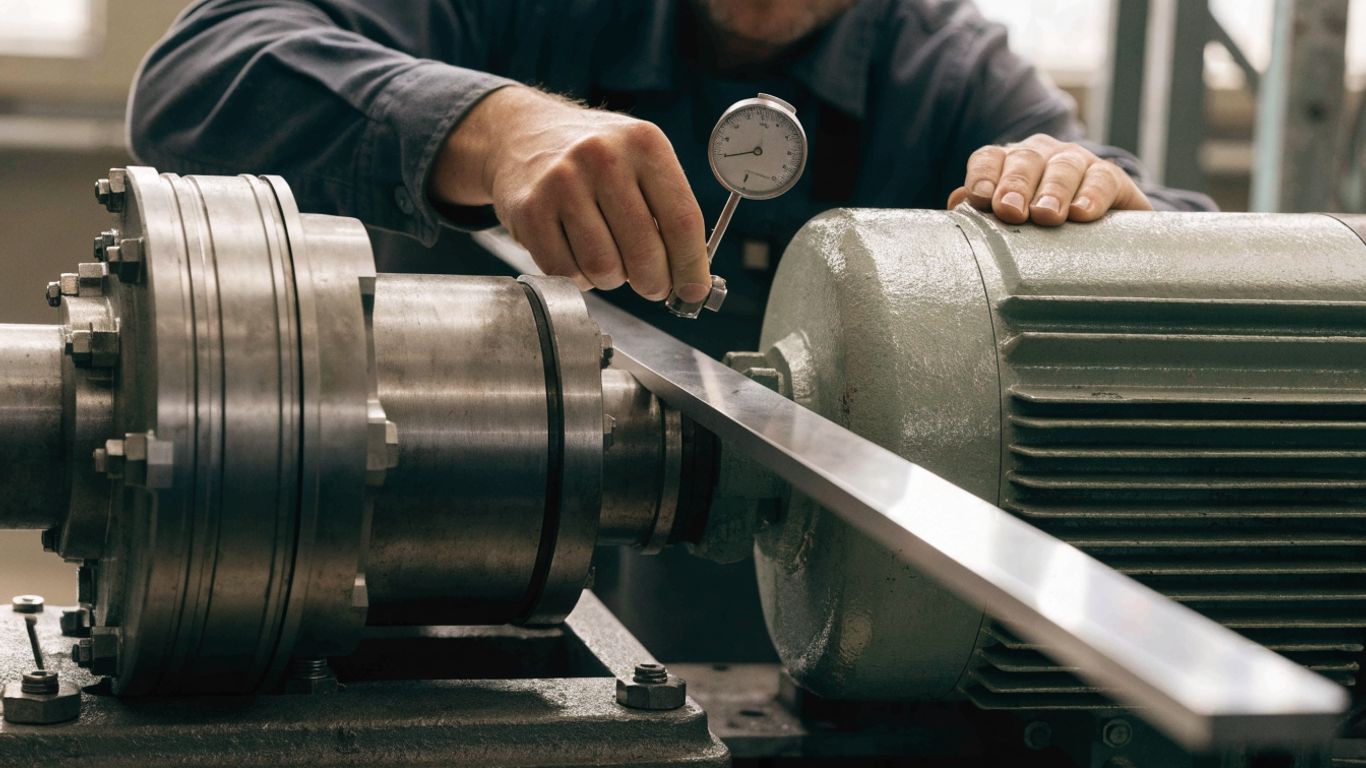 Technician checking gearbox shaft alignment