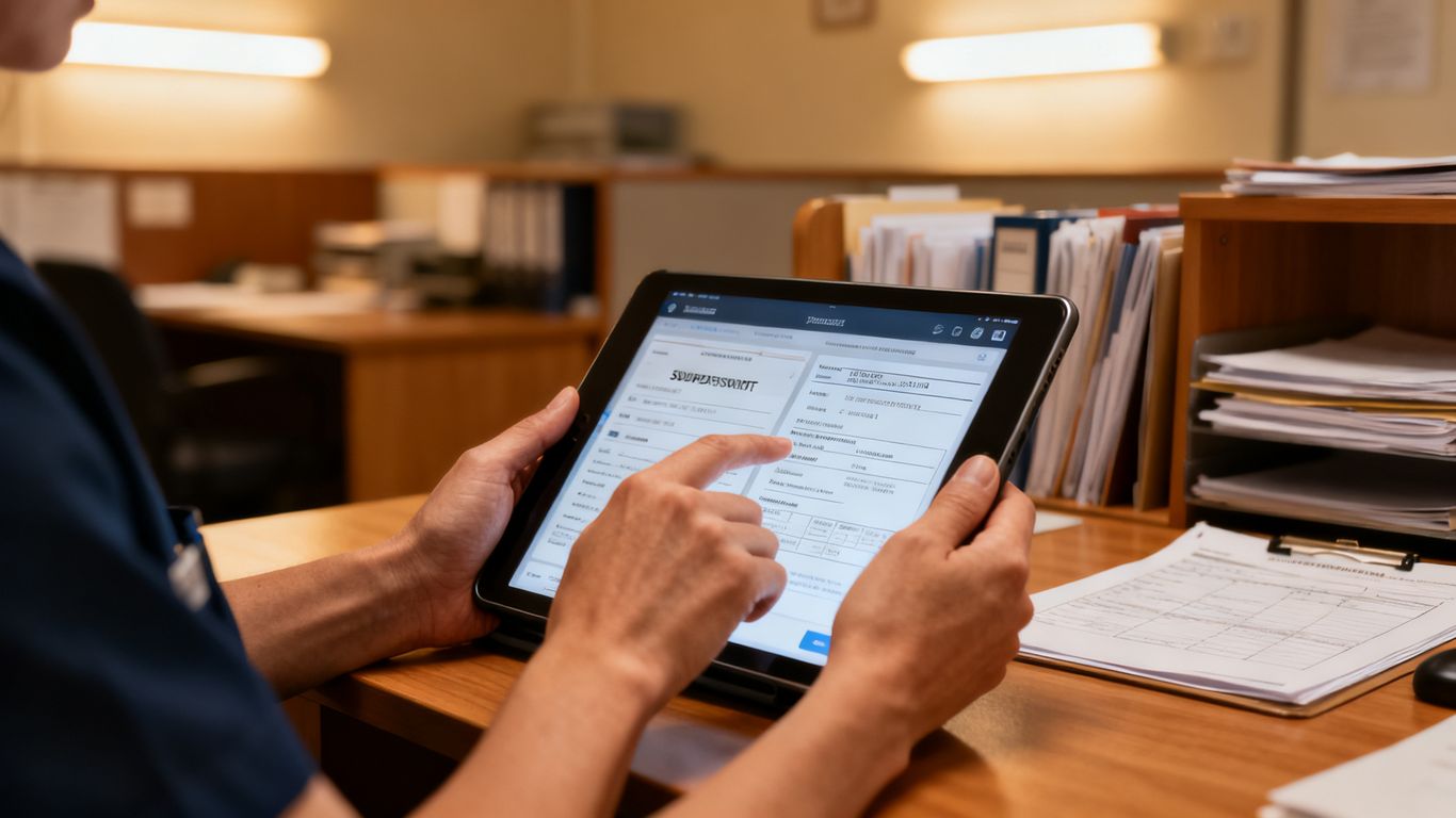 Support worker reviewing resident documentation on a tablet