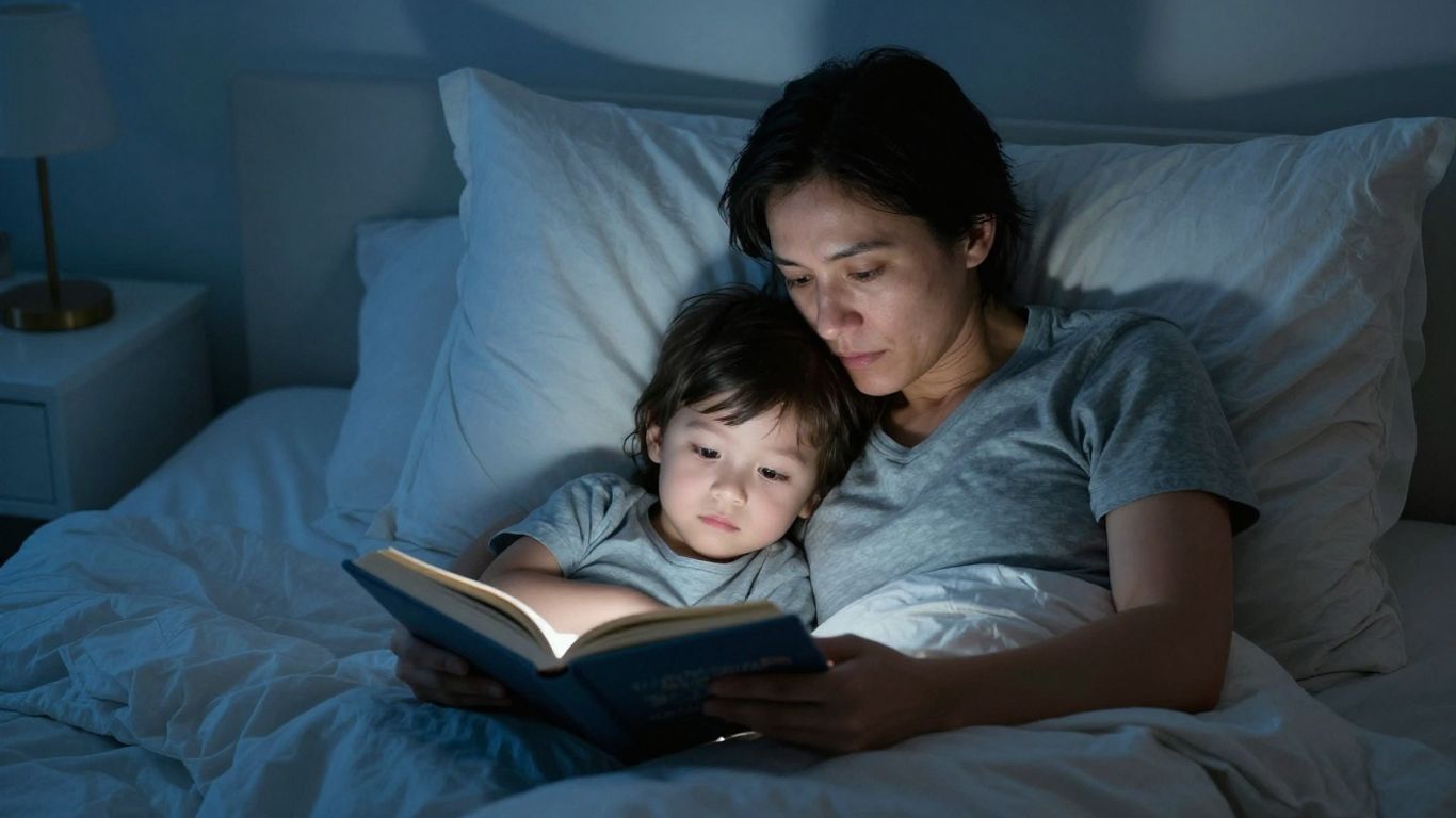 Child and caregiver reading a calm bedtime book