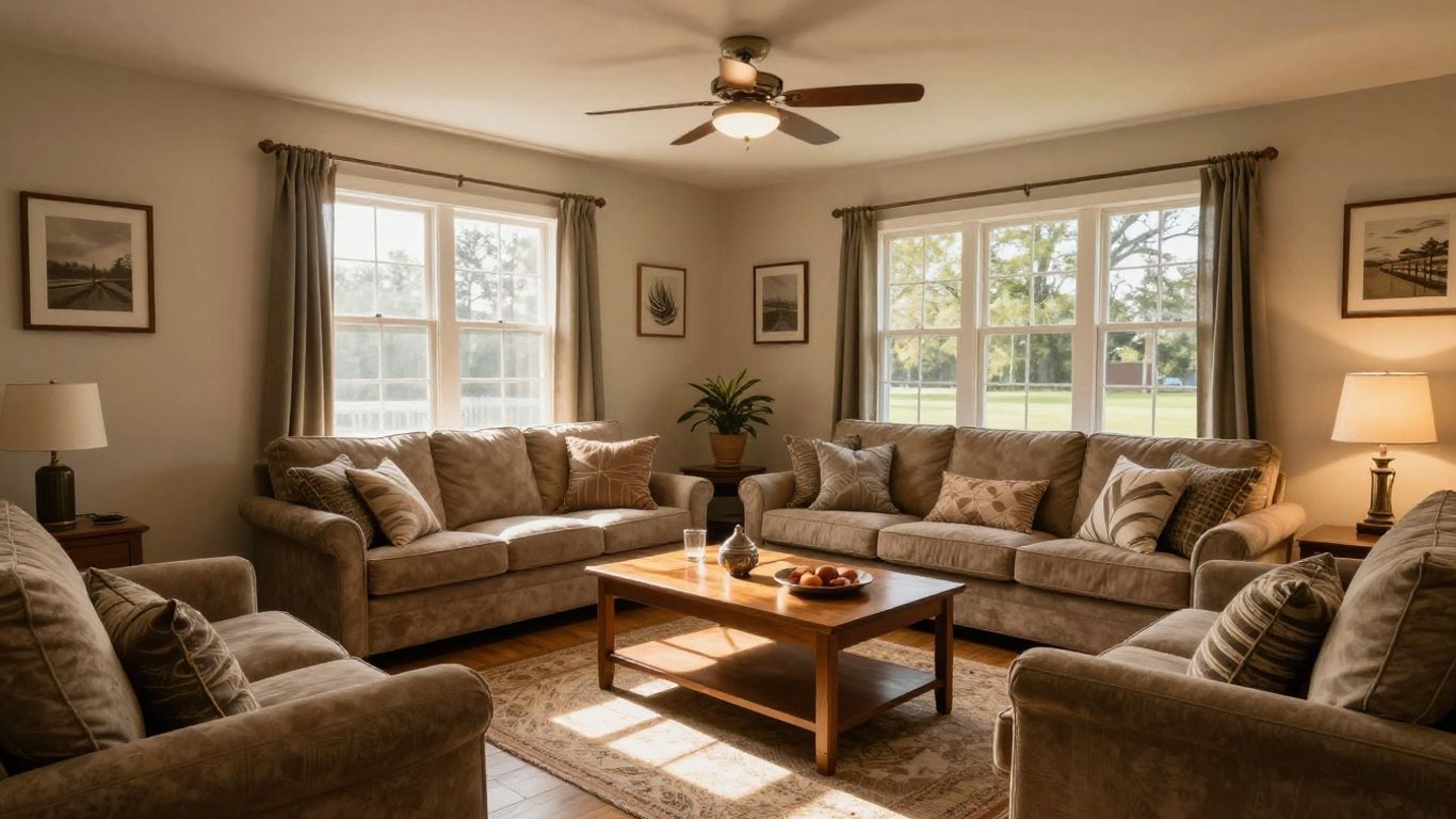 Finished basement living area in Berkeley Lake, Georgia.