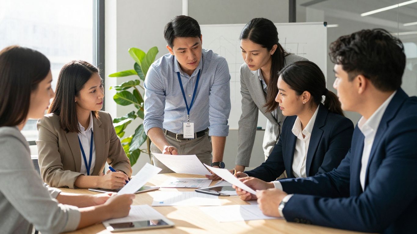 UK business people planning and collaborating in an office.