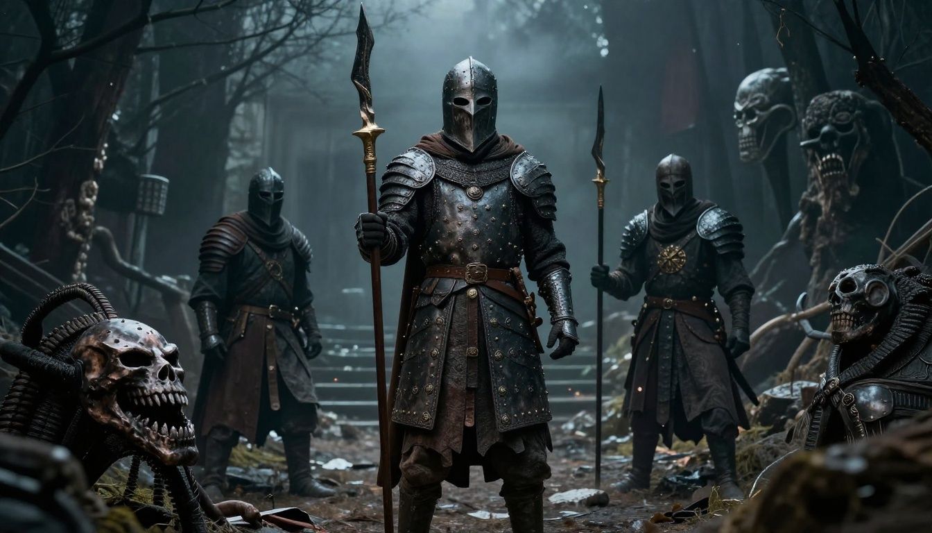 Um cavaleiro solitário em uma armadura detalhada enfrentando um chefe sombrio em um cenário medieval desolado