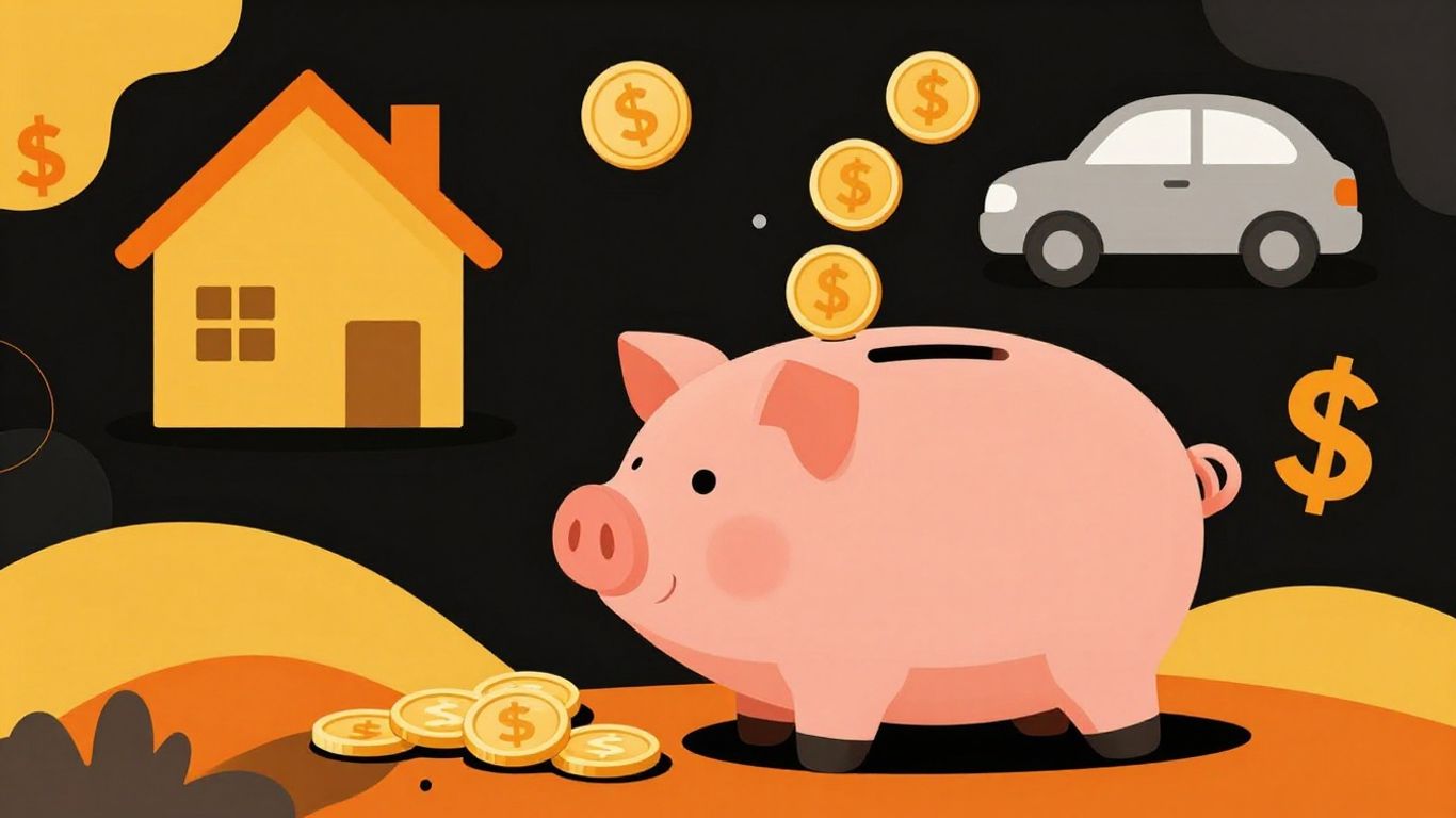 Cartoon piggy bank with house and car icons.