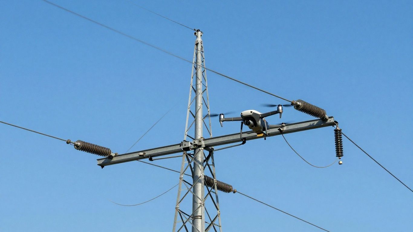Drone inspecting high voltage power lines