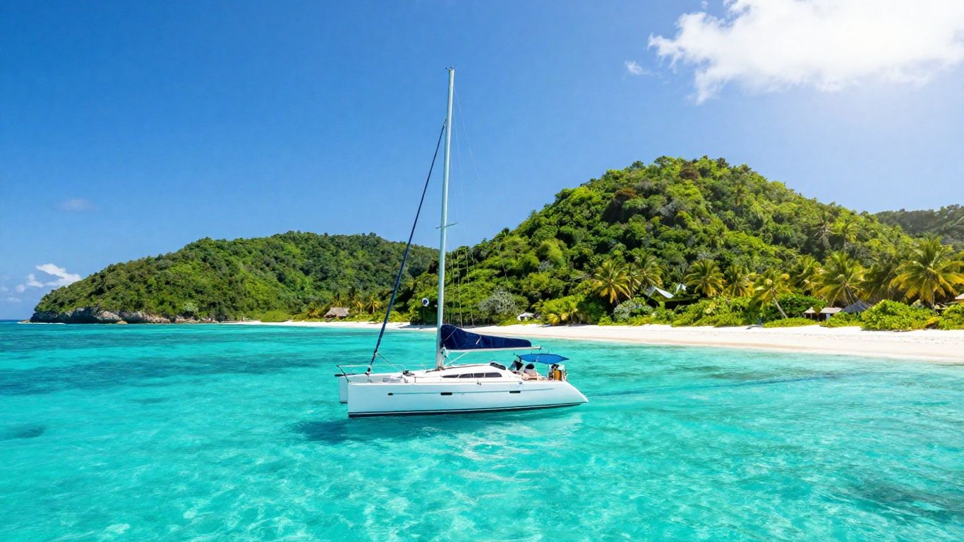 Sailboat on turquoise water near lush BVI islands.
