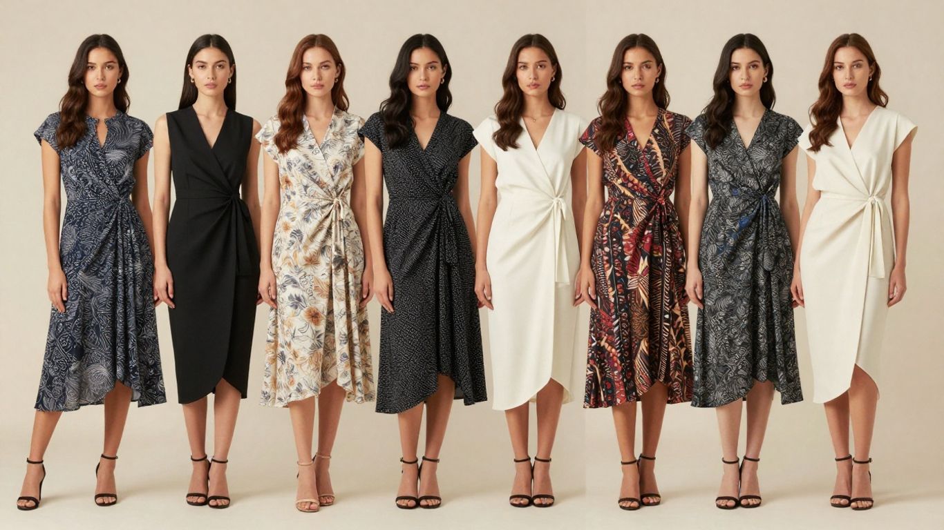 Models wearing various 3/4 sleeve dresses.