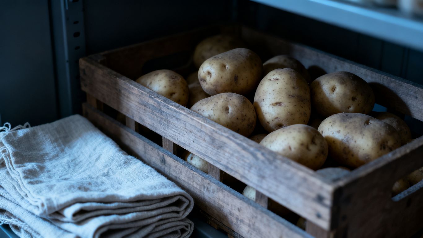 Aardappelen in een donkere bewaarkist