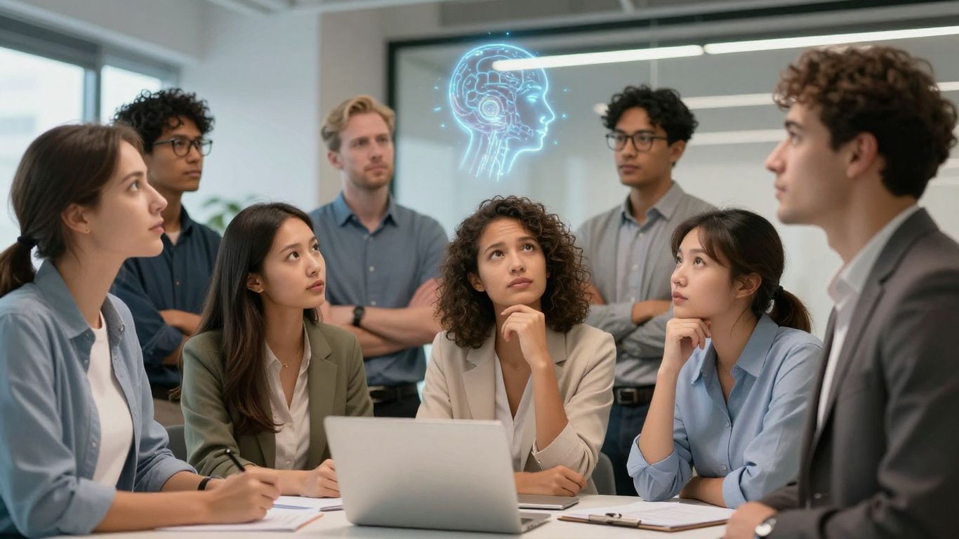 Business professionals assessing AI readiness in a modern office.