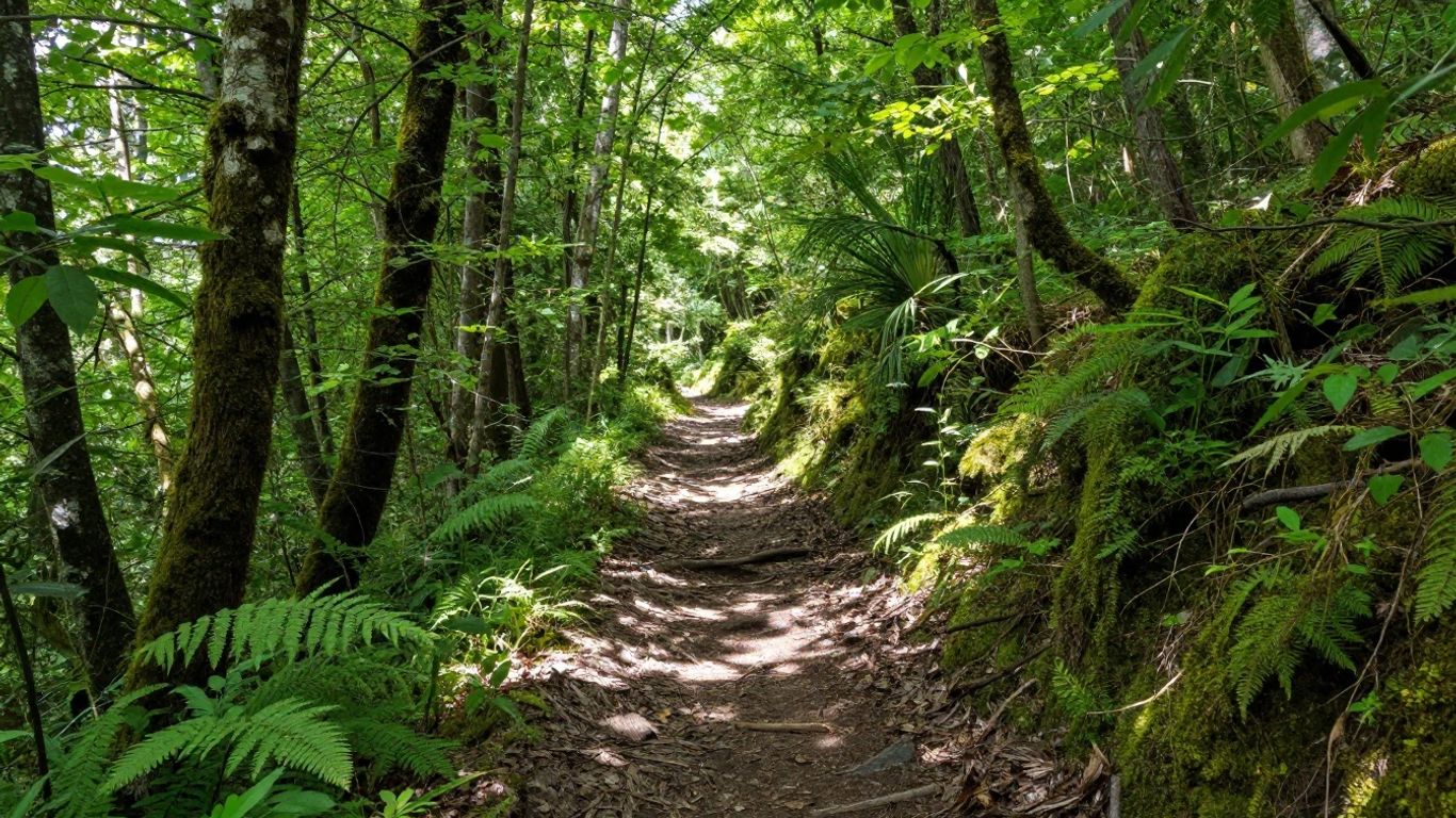 Parque Arví hiking trail through lush green forest.