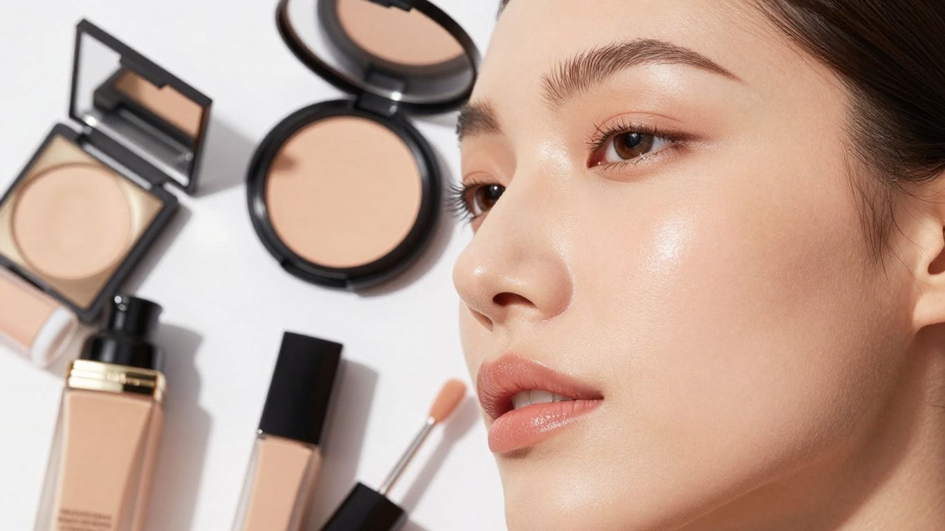 Woman with glowing skin and makeup products.