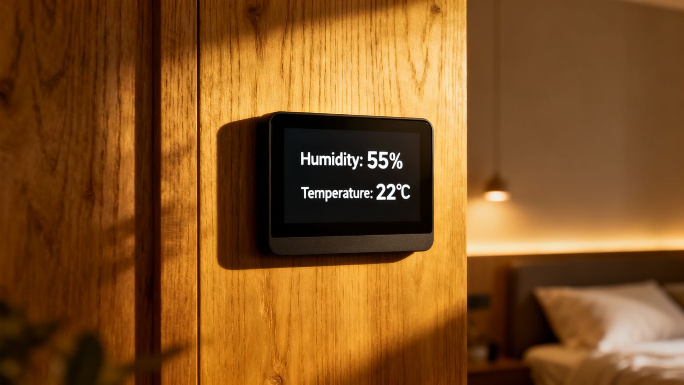 A modern digital hygrometer showing current humidity