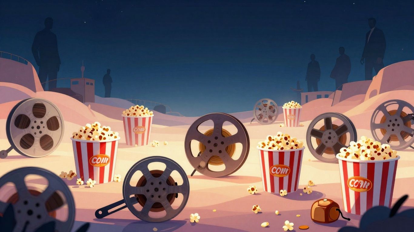 Movie reels and popcorn in a cinematic, game-like setting.