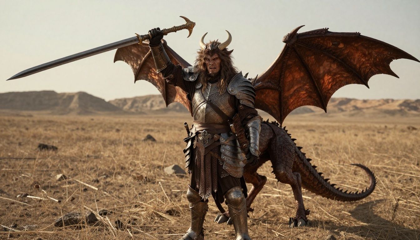 Um Arisen em armadura completa enfrentando um grifo majestoso em um campo aberto de fantasia