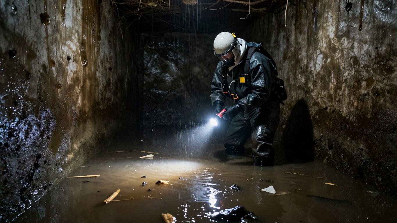 Flooded basement with professional cleanup in progress.
