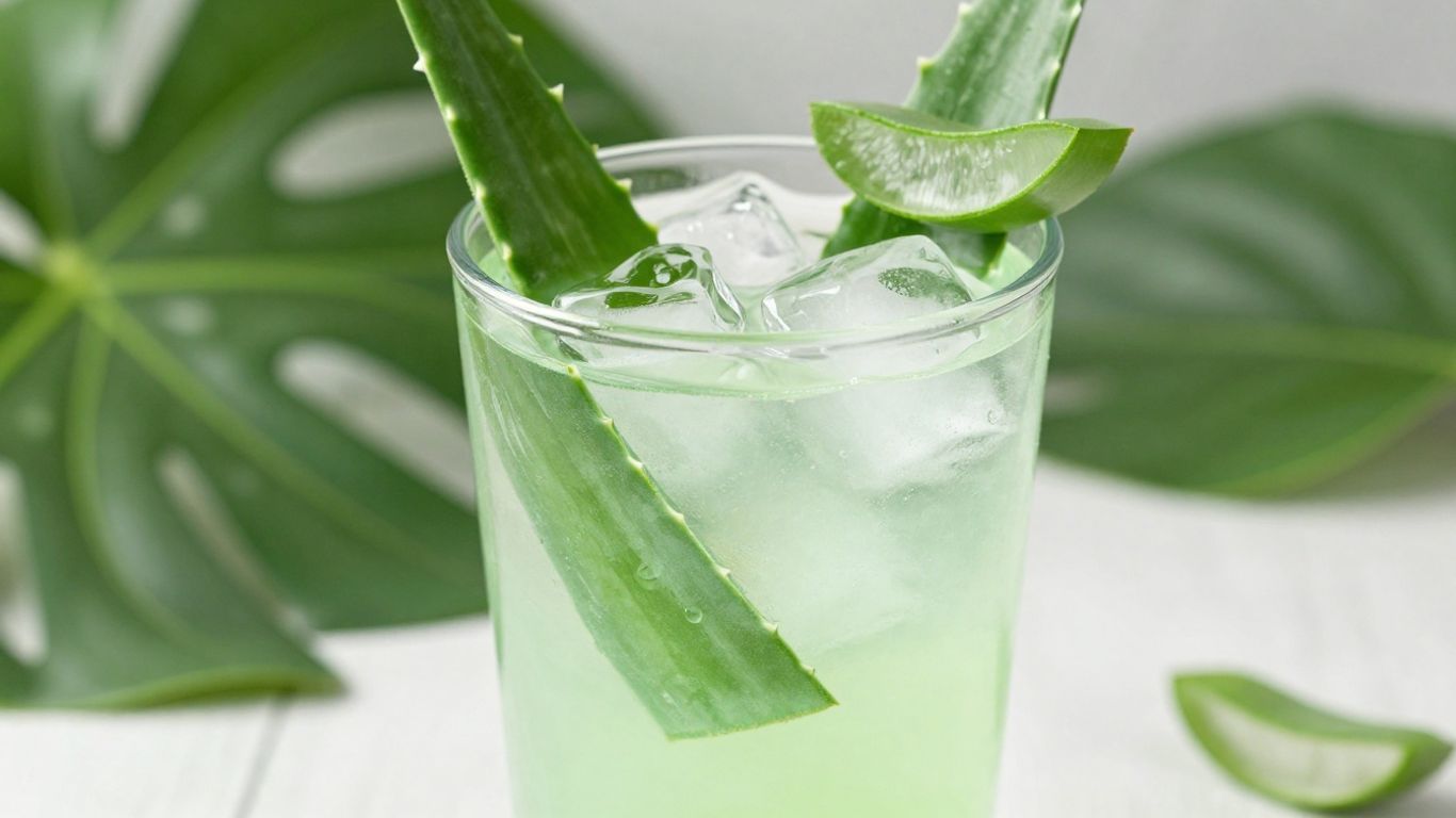 Herbalife aloe drink with fresh aloe leaf and ice.