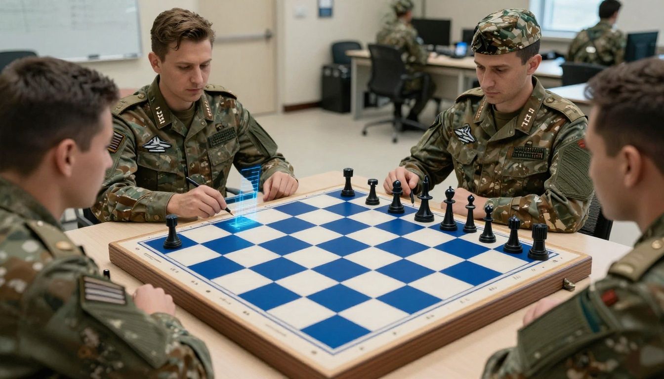 Um tabuleiro de xadrez futurista com hologramas de unidades militares representando jogos de estratégia modernos