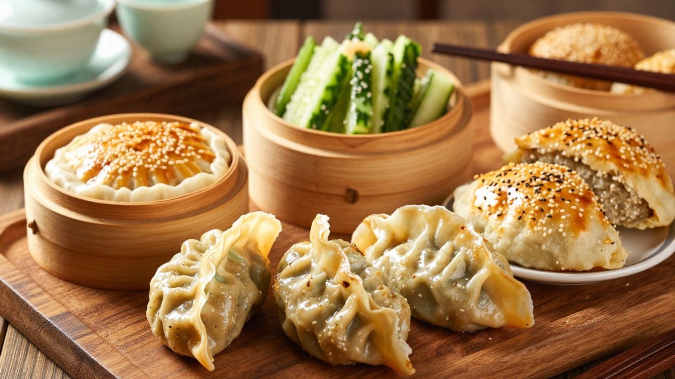 Steaming Chinese appetizers arranged for sharing