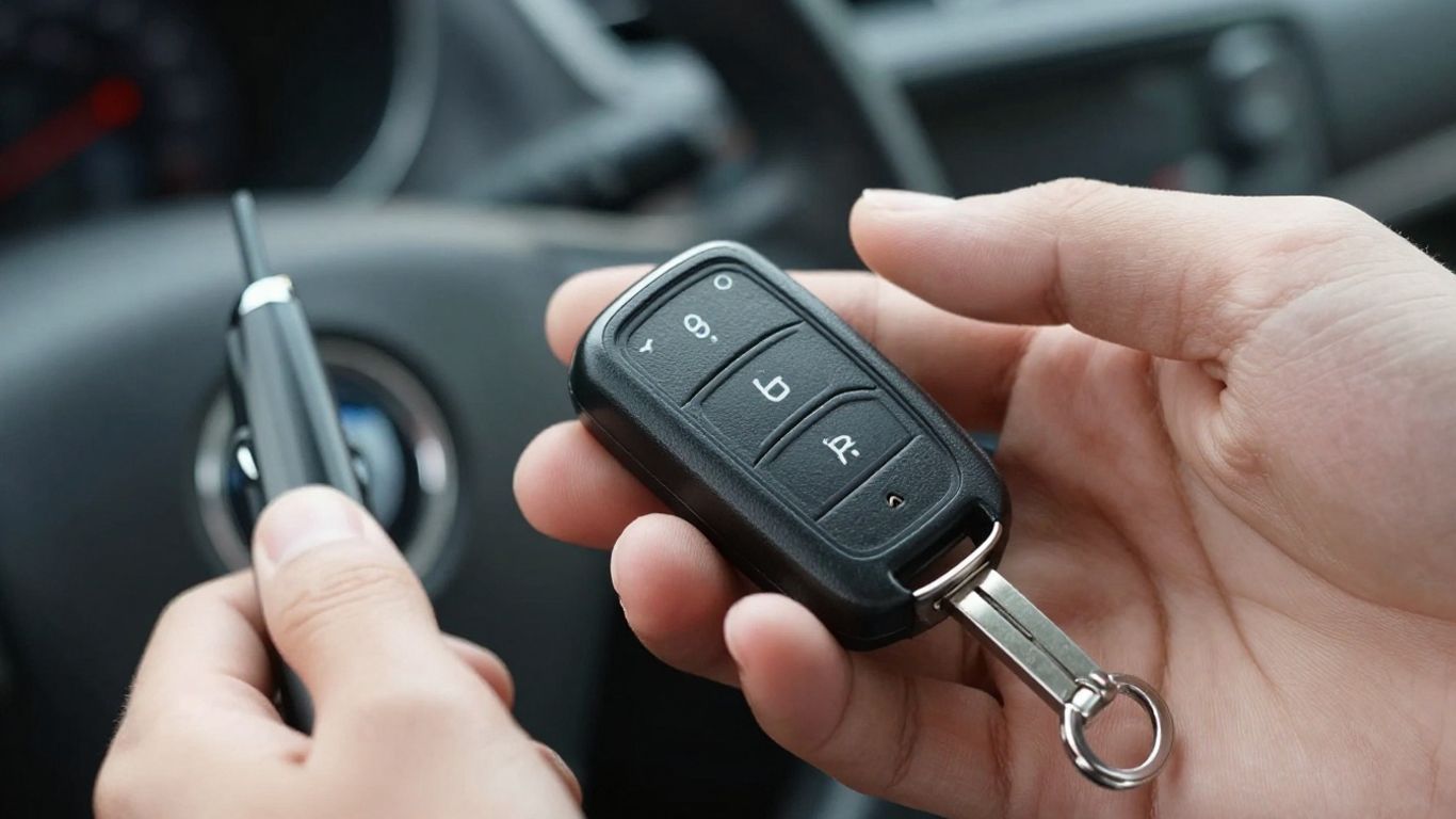 Hand holding car key fob with programming tool nearby.