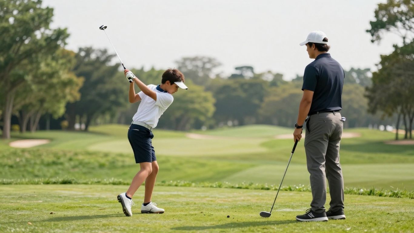 Young golfer with parent at sunny golf course