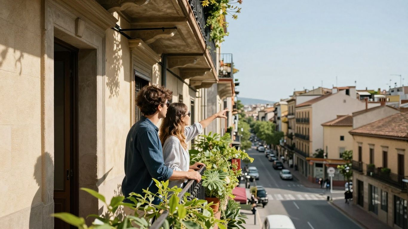 Couple viewing Barcelona property from a balcony.