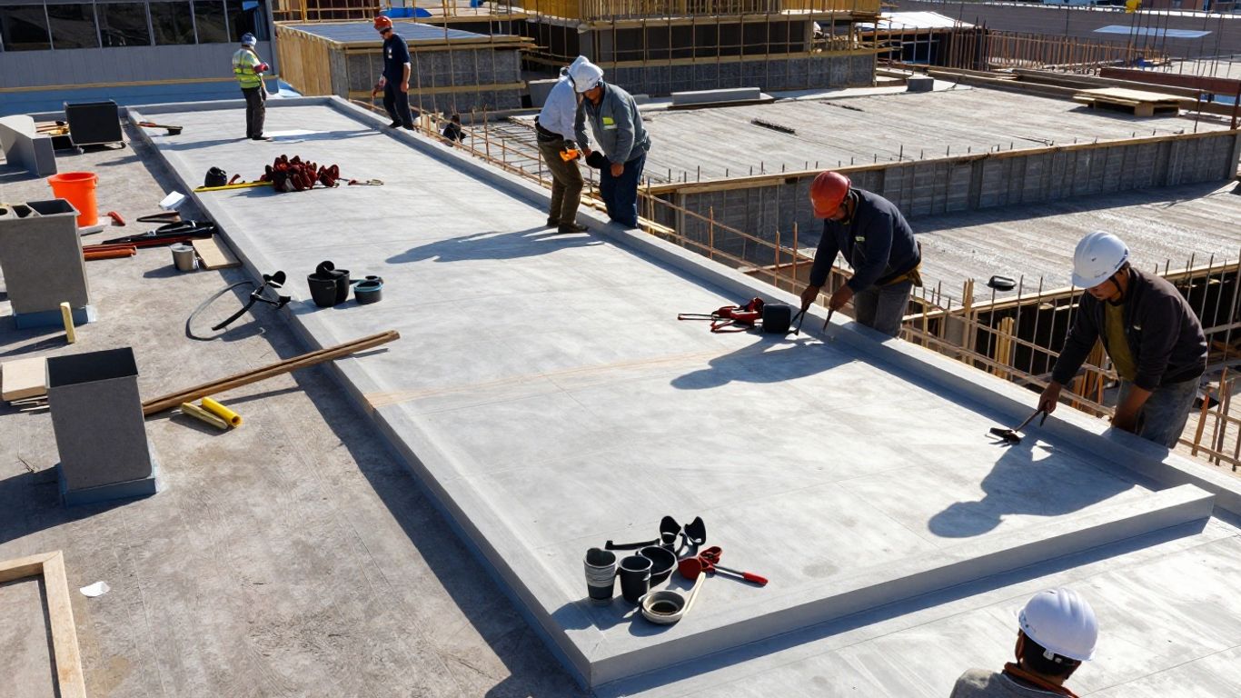 Roofing construction site with workers and materials.