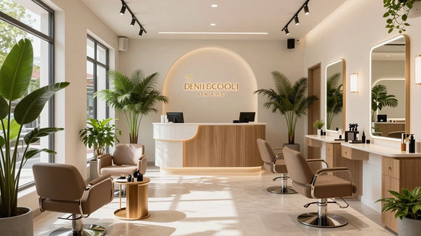 Modern salon interior with sleek furniture and plants.