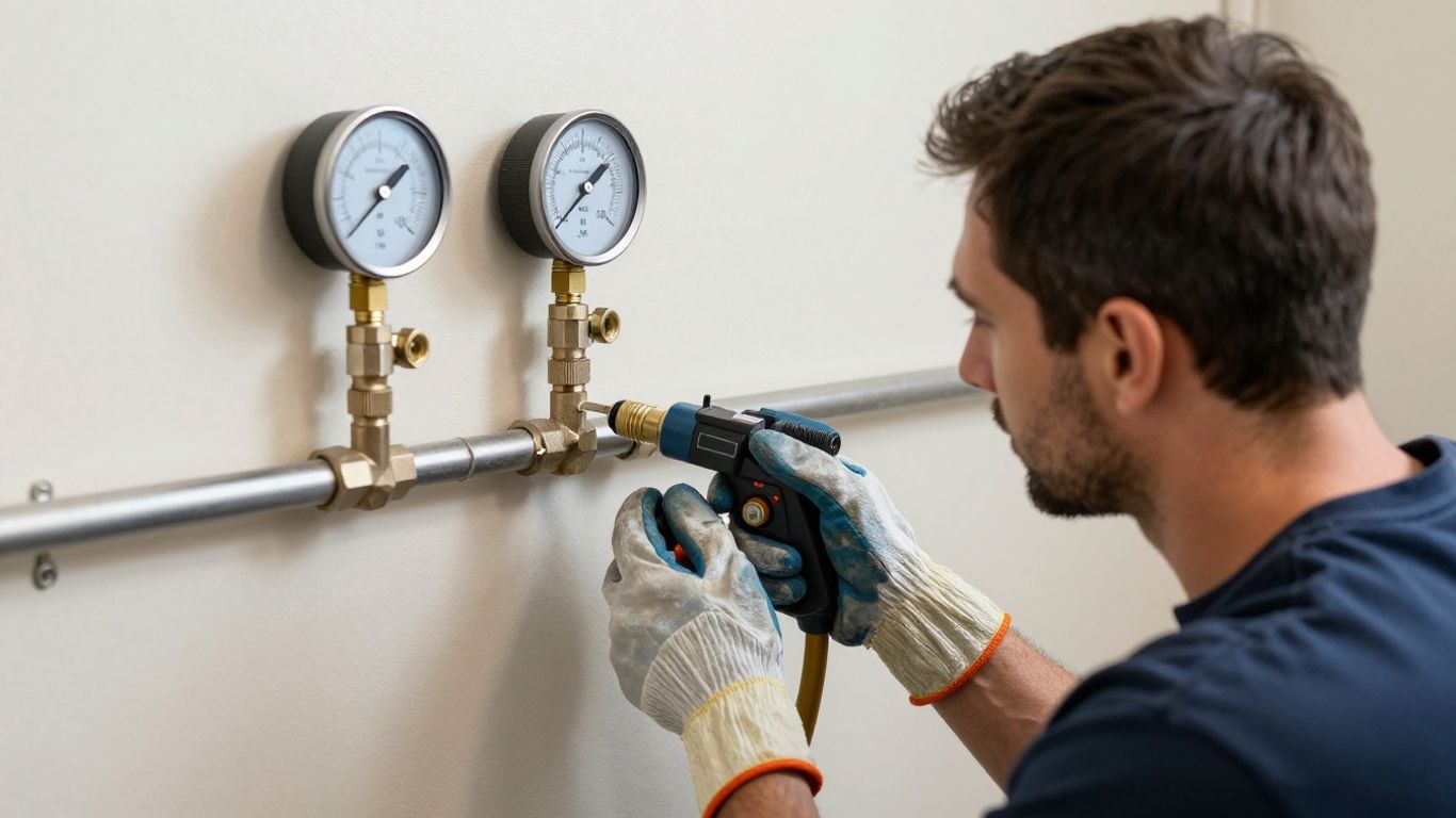 Plumber pressure testing residential gas pipe