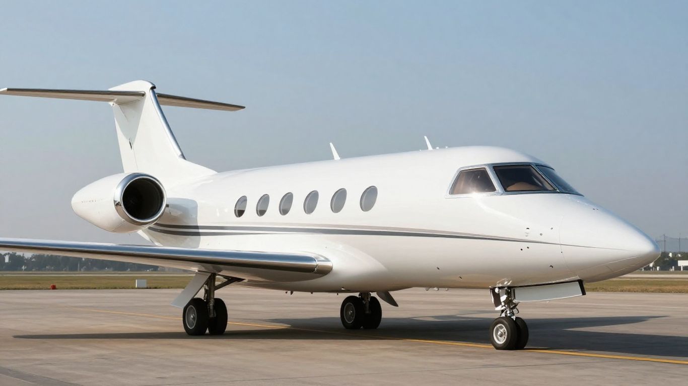 Private jet on tarmac, ready for travel.