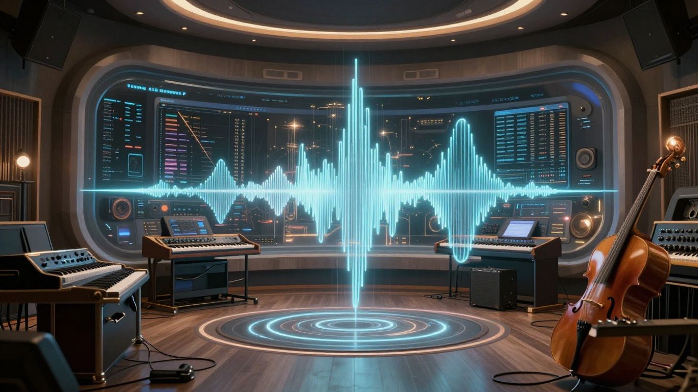 Futuristic AI music studio with soundwaves and instruments.