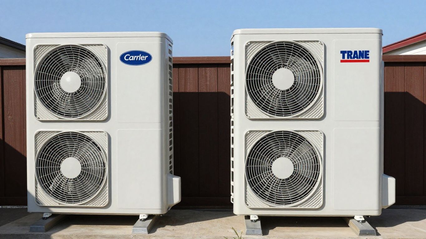 Carrier and Trane AC units side-by-side outdoors.