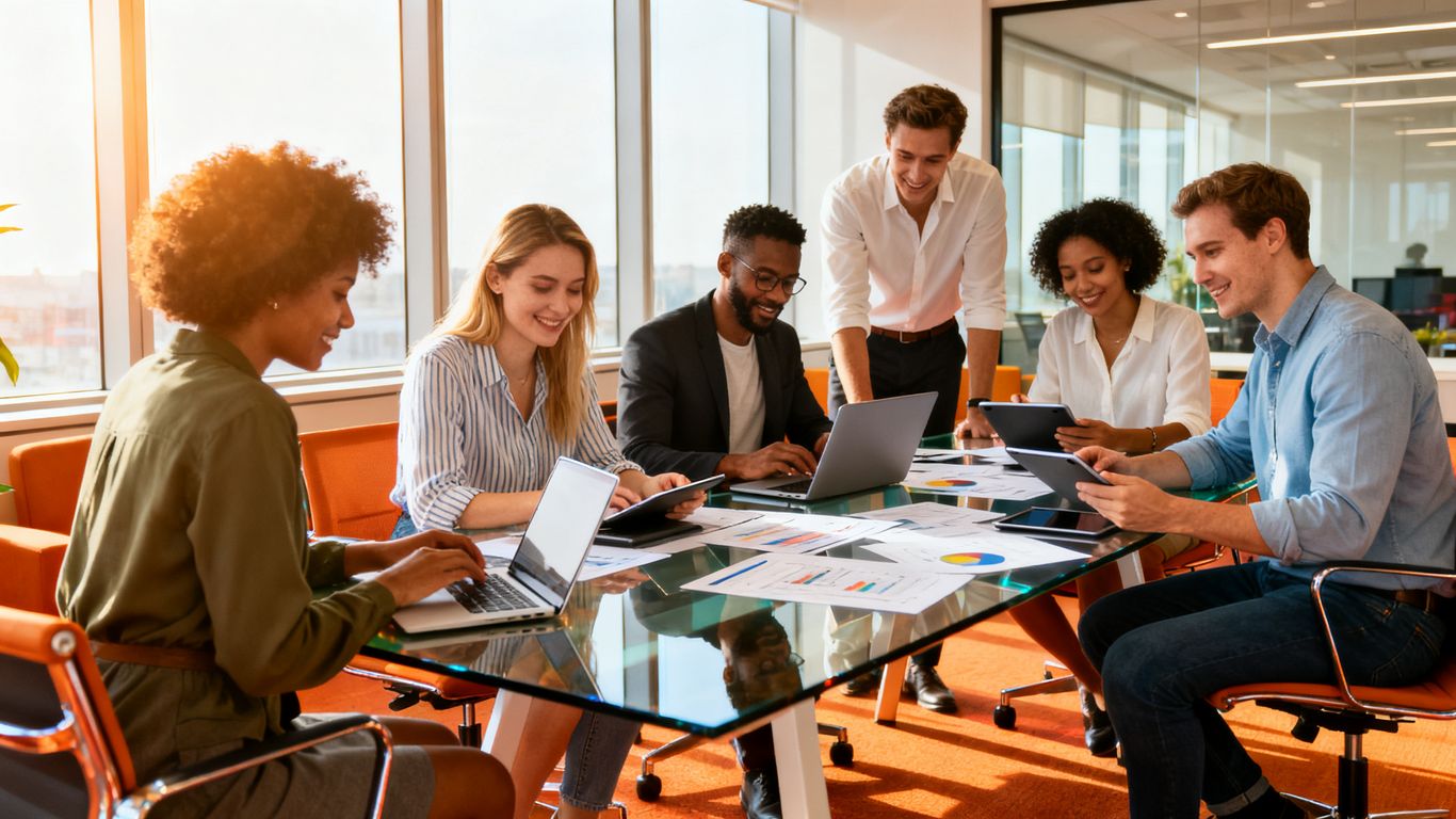 Team collaborating in a modern office, digital devices visible.